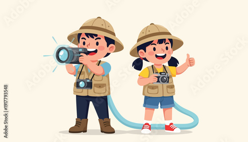 Two young explorers with safari hats and equipment ready for adventure.