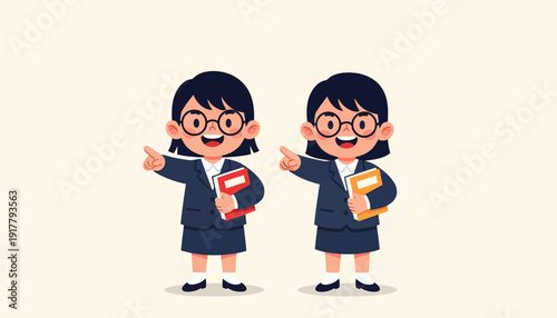 Two young girls in school uniforms pointing with books in hand.