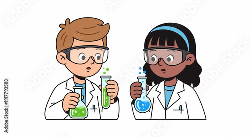 Two Young Scientists Conducting Experiments with Beakers and Test Tubes 1.