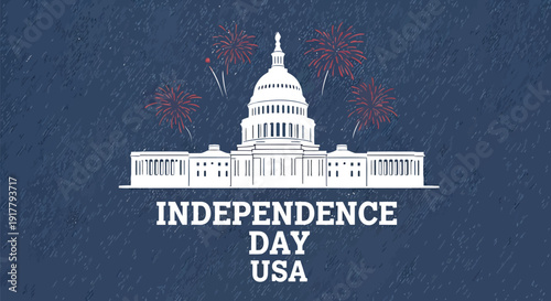 Independence Day USA icon with fireworks and the Capitol building, patriotic symbol.