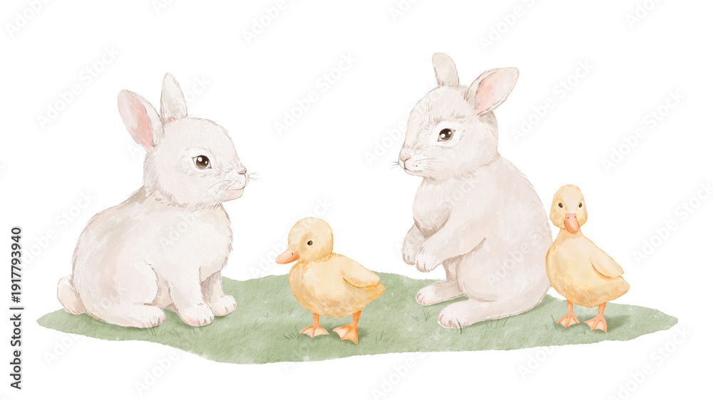 Fototapeta premium Watercolour cute ducklings and rabbits on grass. Hand drawn isolated illustration for card and poster, baby farm animals scene, spring cottagecore design