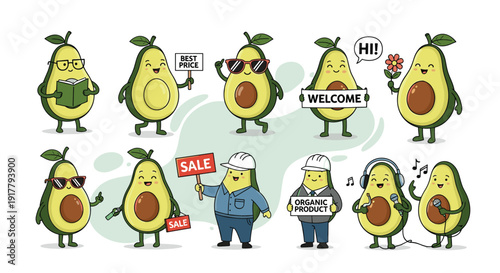 Large set of cute avocado characters in various roles like doctor engineer and singer with signs for organic products and best prices.