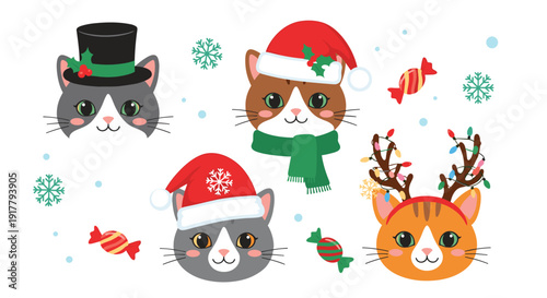Various cute cat faces adorned with Christmas hats scarves and reindeer antlers surrounded by snowflakes and festive candies for winter themes.