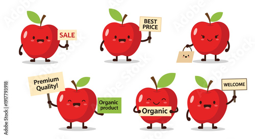 Cheerful apple characters displaying signs for organic products premium quality and sales to promote healthy eating and retail offers.