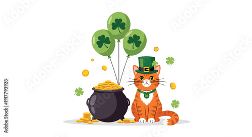 Festive ginger cat wearing a green leprechaun hat sitting next to a pot of gold coins and balloons with clovers for Saint Patricks Day.