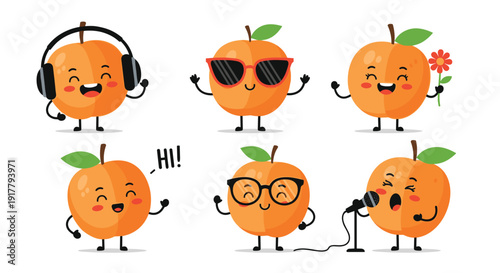 Set of friendly apricot characters engaging in different activities like listening to music singing with a microphone and wearing sunglasses.