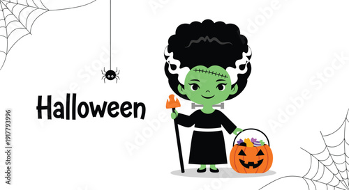 Cute cartoon depiction of the Bride of Frankenstein character holding a pumpkin bucket and a magic wand for Halloween trick or treating.