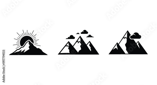 Minimalist mountain and sun icons presented as a stark silhouette
