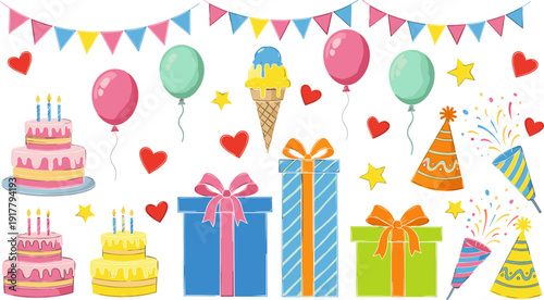 Vibrant birthday party celebration set with cakes, gifts, balloons, and ice cream in flat vector style