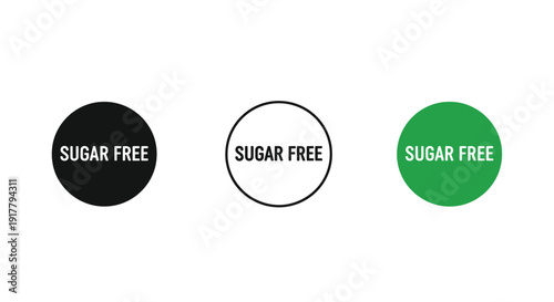 Three circular sugar free labels in black white and green silhouette