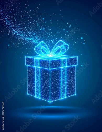 Glowing Blue Gift Box with Sparkling Particle Trail on Dark Blue Background