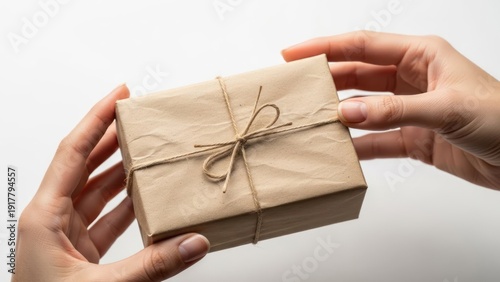 Hands holding a small gift wrapped in brown paper and tied with twine.
