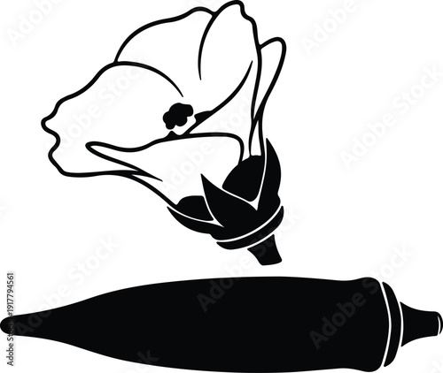 silhouette okra plant with blooming flower and fruit vector design