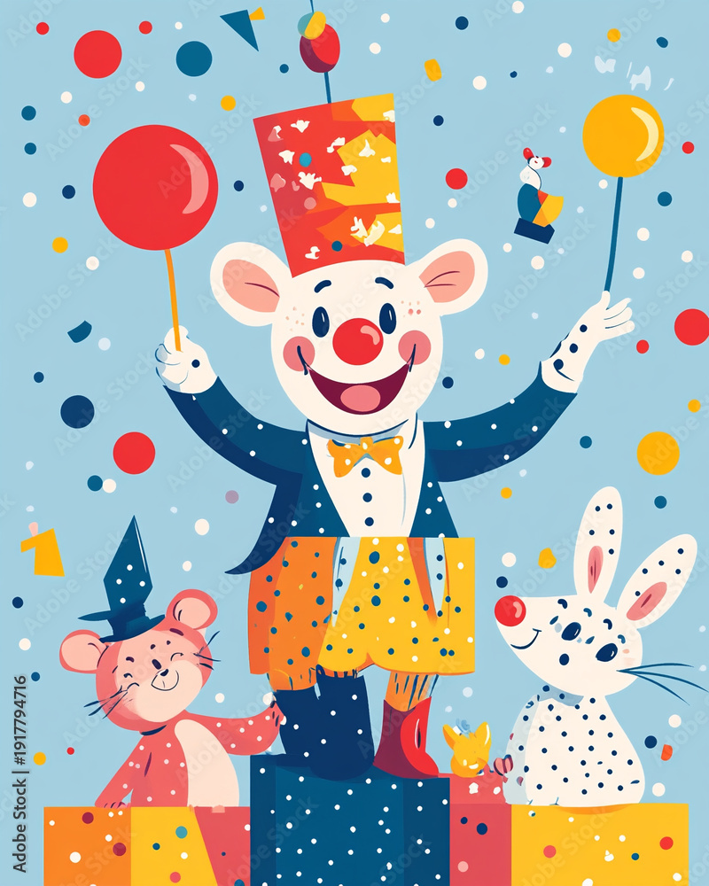 Fototapeta premium Cartoon scene with clowns, animals, and toys for April Fool’s Day. Cheerful bright illustration with minimal background and copy space.