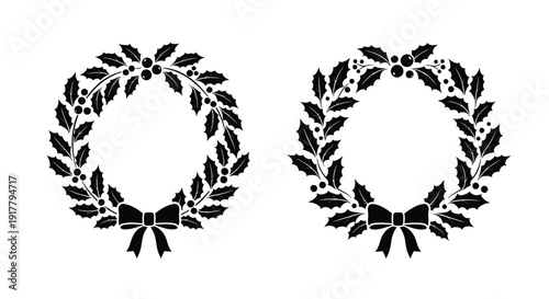 Two holly wreaths with bows a classic holiday decoration silhouette