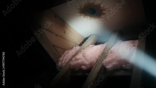 Spotting a severe water leak, an expert conducts a thorough roof inspection inside a dimly lit attic filled with insulation.