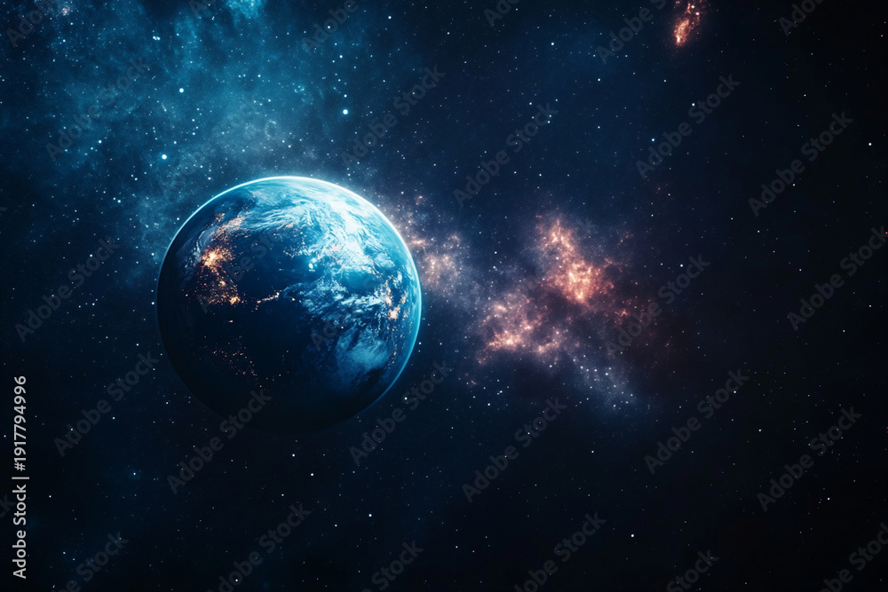 Obraz premium Space scene with planets, stars, and Earth. Contrasting colors emphasize cosmic depth. Suitable for science and education projects