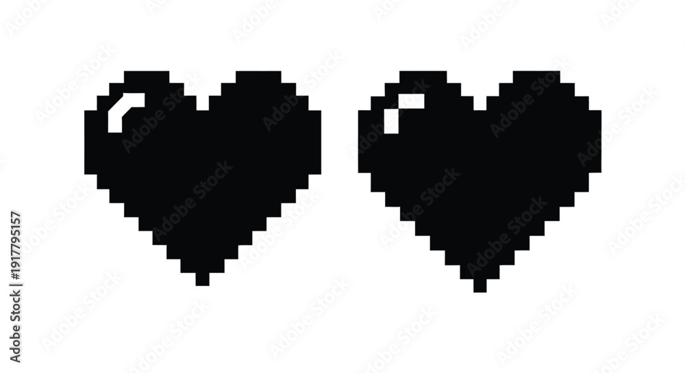 Fototapeta premium Two pixelated hearts displayed against a white background silhouette