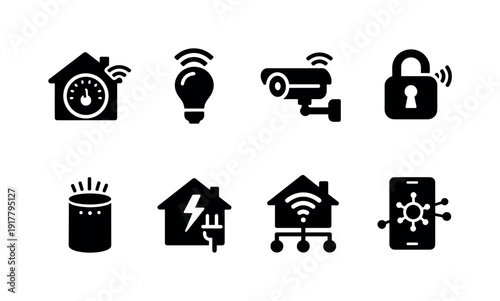 Smart home technology. Filled icon set of Smart home technology: smart thermostat, connected light bulb,