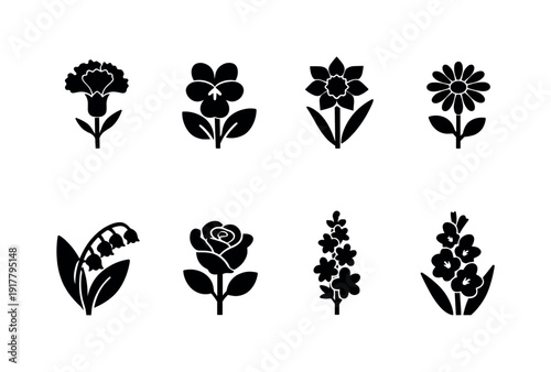 Minimalist birth month flower line art. Filled icon set of Minimalist birth month flower line art: carnation
