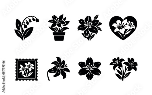 Lily Icon Set. Birth month flower May. Filled icon set of Birth month flower May: lily of the valley bell,