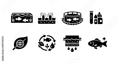 Sustainable aquaculture. Filled icon set of Sustainable aquaculture: fish pond, aeration system, floating net