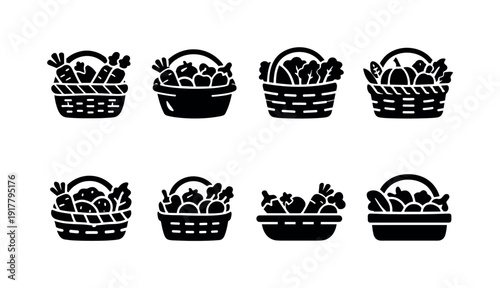 Basket of vegetables outline. Filled icon set of Basket of vegetables outline: woven basket with carrots and