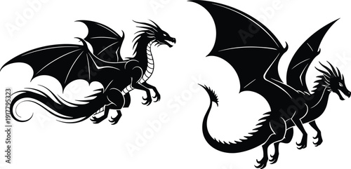 Black silhouette dragons flying mythical creatures white background