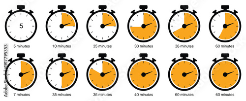 Collection of stopwatch icons showing countdown times from 5 to 60 minutes with orange segments, vector illustration for top ranked interface visuals, workout tracking apps, cooking timer