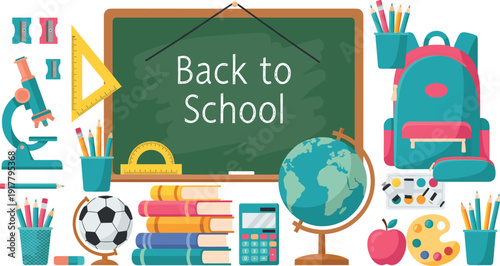 Flat vector illustration set of back to school elements including blackboard backpack books globe microscope calculator pencils paints football apple and school stationery.