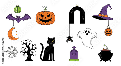 Halloween Spooky Cartoon Collection with Various Festive Elements
