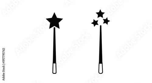 Two magical wands with stars simple black graphic silhouette