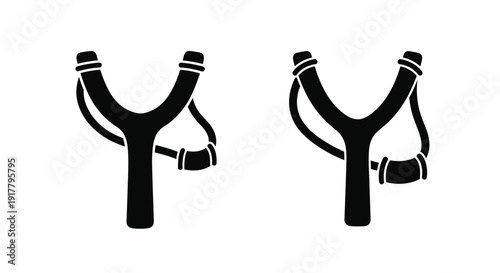 Two black slingshots depicted in a minimalist graphic silhouette