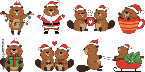 Flat vector illustration set of cute beaver characters celebrating Christmas wearing Santa hats and holding gifts ornaments hot cocoa and riding sleighs.
