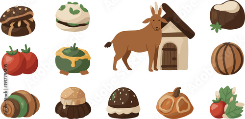 Cartoon food with goat and hut house