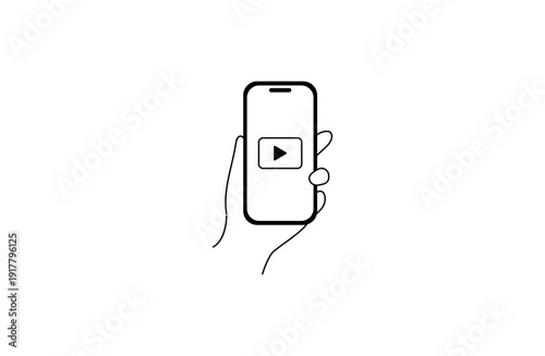 動画再生ボタンが表示されたスマホを持つフラットイラスト