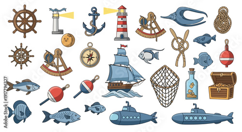 Nautical Marine and Fishing Elements Collection Vector Illustration Set