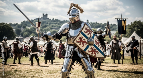 Armored Knight in Full Combat Gear Holding a Sword and Shield with a Castle in the Background at a Medieval Festival