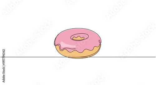 Simple continuous line art of a pink frosted donut against a white background. Minimalist design perfect for social media, blogs, and branding related to food, sweets, or art.