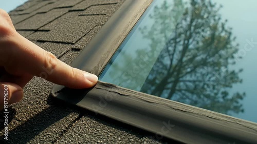 A person's hand points out a cracked skylight seal during a thorough roof inspection.