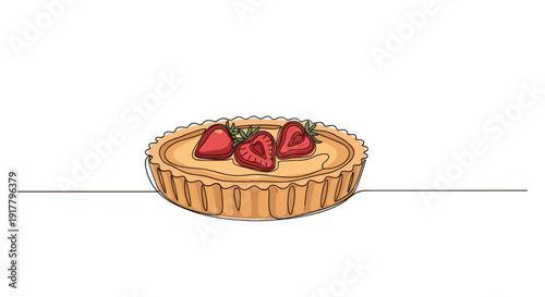 Minimalist one line drawing of a strawberry tart. Great for restaurant menus, food blogs, or simple design projects. Isolated on white.