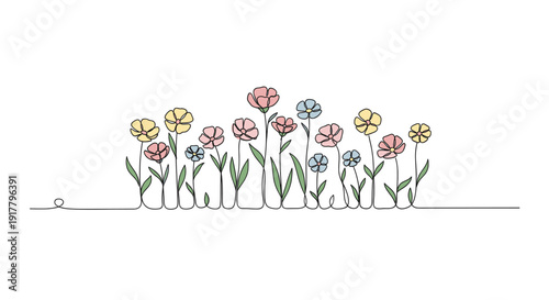 Continuous line drawing of flowers with pastel colors, simple and cute. Use for backgrounds, greeting cards, websites, invitations, and springtime designs.