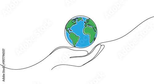 Continuous line drawing of a hand cradling the Earth. Illustrates environmental protection, sustainability, care, or global awareness. Ideal for eco-friendly campaigns and design.