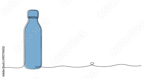 Minimalist continuous line drawing of a reusable blue water bottle. Illustration is modern and clean, suitable for health, sustainability or creative project. Plenty of white space for text.
