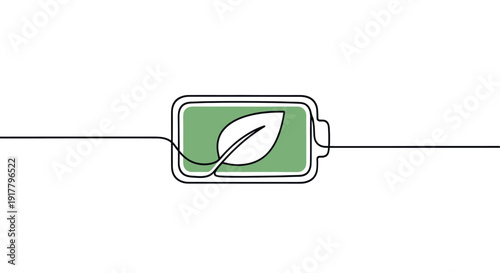 Minimalist illustration of a battery with a leaf inside, drawn in one continuous line. Represents clean energy, sustainability, and eco-friendly technology.