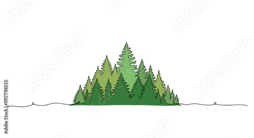 Minimalist vector illustration of evergreen trees drawn in one continuous line. Perfect for eco-friendly designs, nature-themed art, or simple design elements.