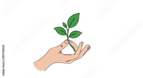 Conceptual illustration of a hand holding a green plant, done in a minimalist line art style. Perfect for eco-friendly businesses or environmental campaigns.