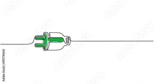 Continuous line drawing of a green electric plug and cable, isolated on white. Modern, simple, minimalist illustration. Suitable for websites, posters, or print media.