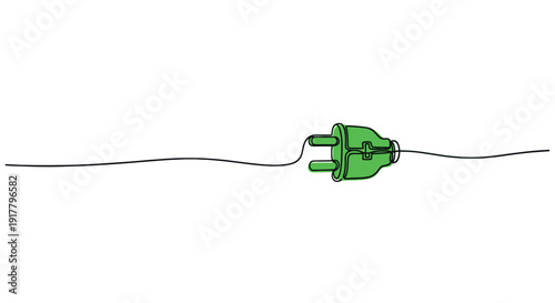 A clean graphic illustration of a green energy plug in a one-line style. Modern and minimalist. Ideal for environmental, technology, or energy-related projects.