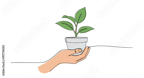 Minimalist one-line illustration of a hand holding a potted plant. Concept for growth, nurture, environmental care, or new beginnings. Ideal for eco-friendly brand campaigns.